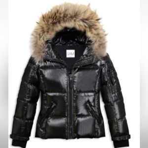 Sam down Jacket With Fur Trimmed Hood. Girls Size 12. Black